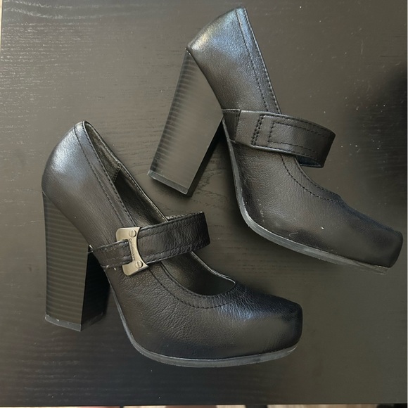 Calvin Klein Jeans Shoes - Calvin Klein Jeans Natalie Kid Leather Black Mary Janes With Stack Heels
